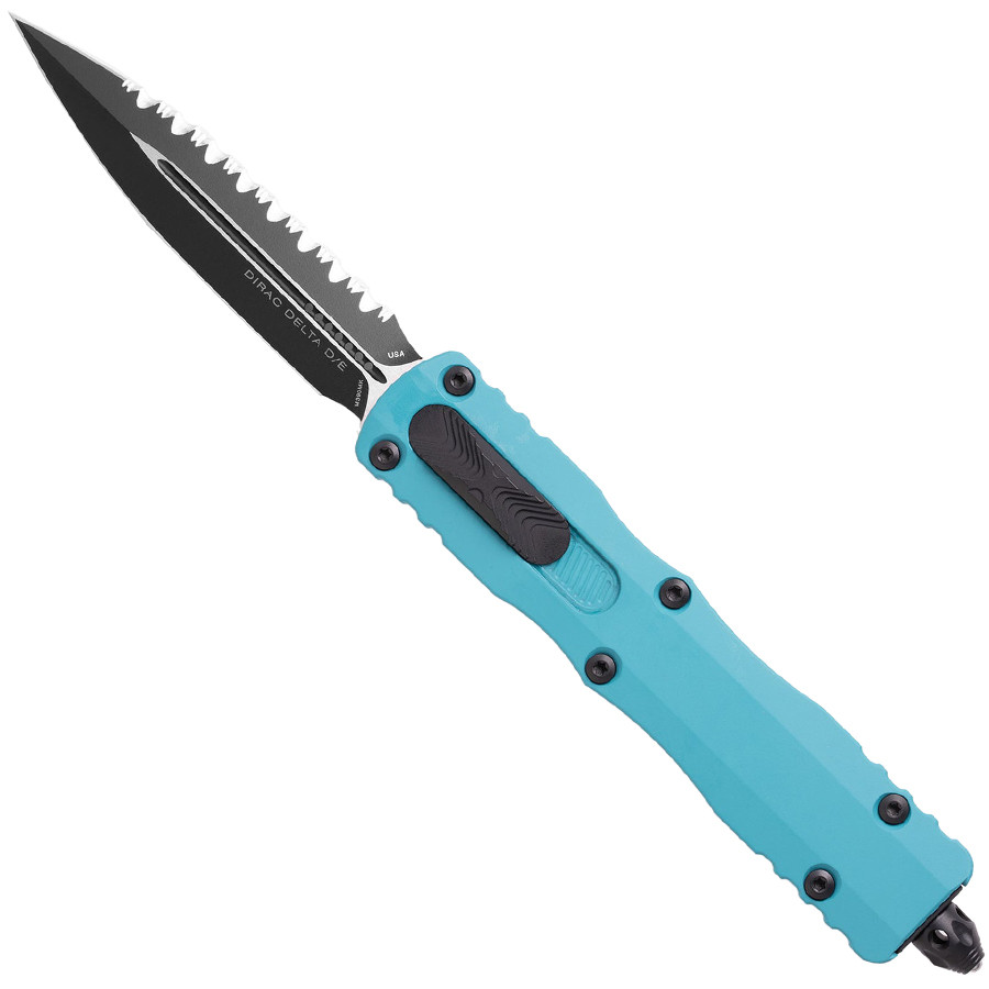 Dirac Delta D/E Black Full Serrated Cyan - Microtech Knives